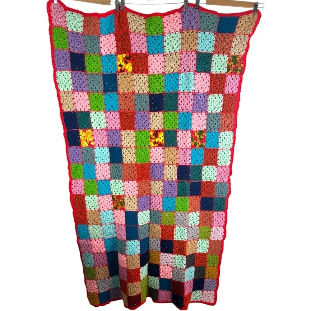 Handmade Crochet Afghan Throw Multicolored Granny Square Blanket 43x136